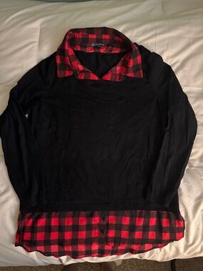 Black Sweater with Red Buffalo Plaid Collar & Hem